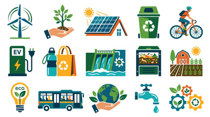 Naklejka premium Eco-Friendly Flat Design Vector Icons Set: Sustainability, Renewable Energy, Green Living Symbols
