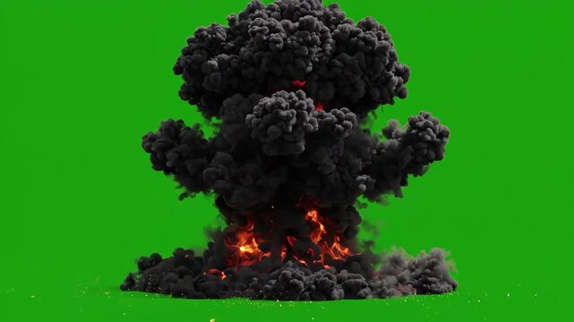 Powerful cinematic explosion with orange fire and black smoke bursting outward against a bright green screen background for visual effects compositing