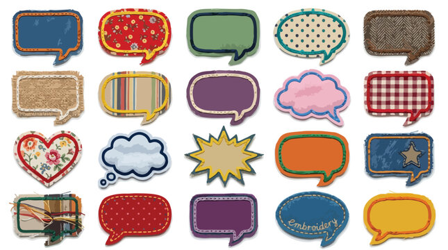 Vintage fabric speech bubbles set, 20 embroidered textile chat icons, colorful patchwork message clouds and thought bubbles vector isolated PNG with Transparent Background