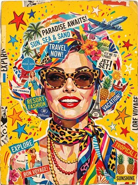 Collage retro-paradise art style, a glamorous woman wear leopard-print sunglasses, bright red lipstick, and a confident expression