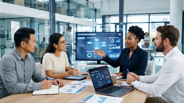 Diverse business team meeting in modern conference room, project leader presenting AI workflow automation, analytics dashboard, business strategy, collaboration, digital transformation decision making