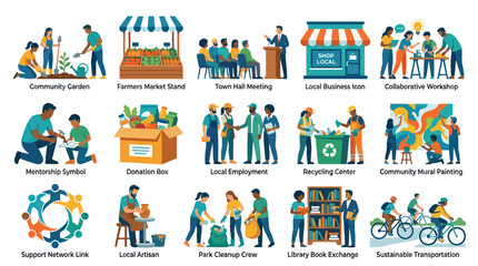 Naklejka premium Community Engagement and Local Services Flat Vector Icons Set. Sustainable Living, Social Responsibility, Mentorship Concepts