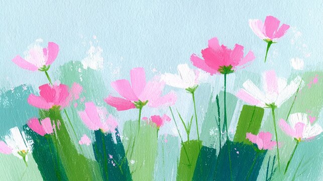 Pink and white cosmos reaching to light blue sky gouache paintin