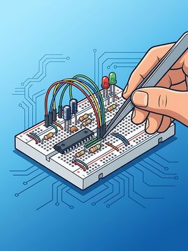 Person prototyping electronic circuit on breadboard with tweezers