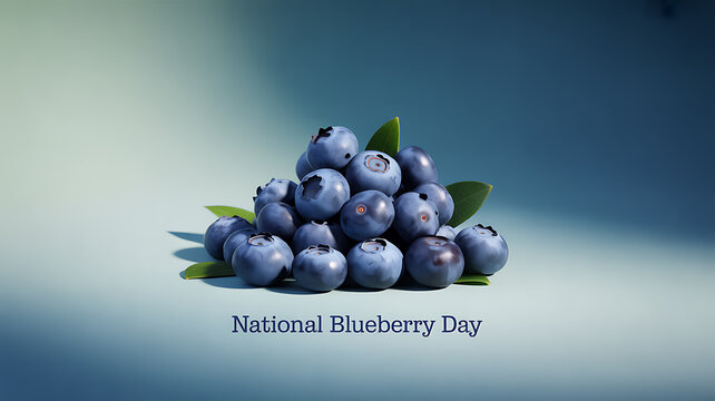 A pile of fresh blueberries with green leaves on a gradient background celebrating National Blueberry Day