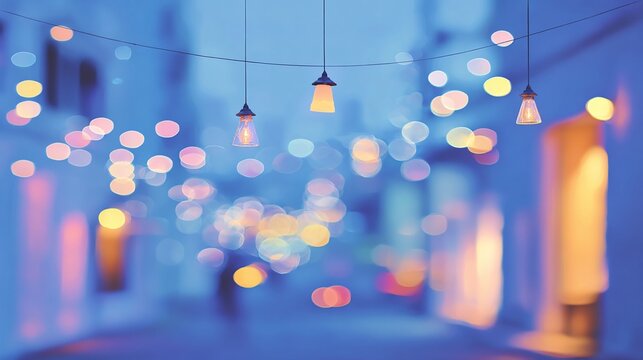 Pendant lights in blue alley with colorful bokeh background drea