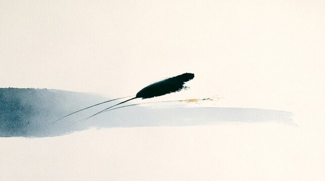 Ink brush stroke like grass ear with gold splash abstract art on