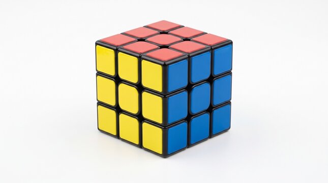Colorful twist puzzle cube with vibrant glossy tiles isolated on a pure white background, showcasing a classic brain teaser, logic challenge, creativity, and educational play.