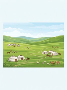 Nomadic yurts and livestock on rolling green hills