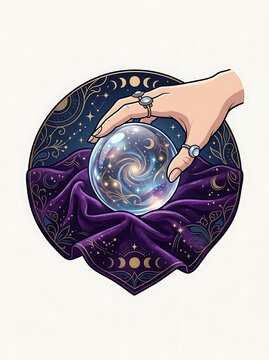 Hand reaching for a mystical crystal ball with swirling galaxy