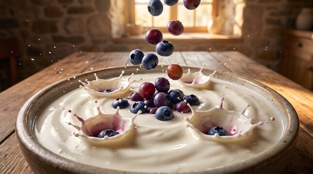 Fresh blueberries falling into a bowl of creamy white yogurt with beautiful milk splashes.