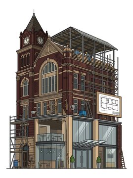 Historic brick building with clock tower under modern renovation