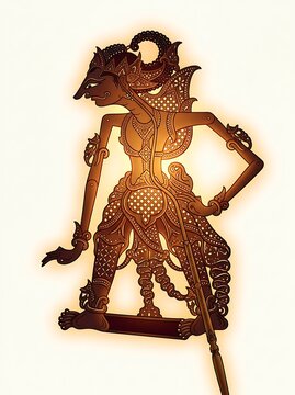 Traditional javanese wayang kulit shadow puppet with glowing light