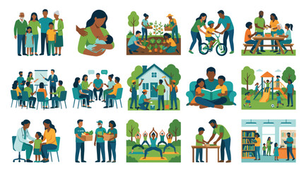 Fototapeta premium Diverse Community Activities, Flat Style Vector Art for Social Services