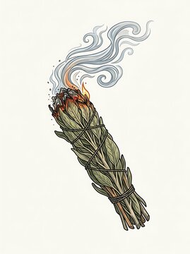 Burning sage bundle smudge stick with smoke on white background