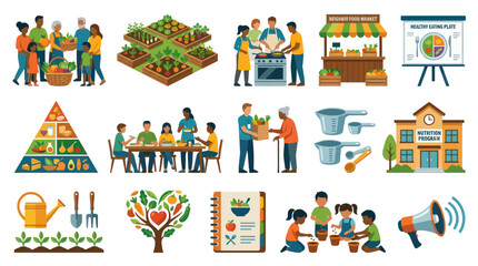 Naklejka premium Healthy Food, Nutrition Sustainable Agriculture Flat Vector Illustration Icon Set for Diet and Wellness Programs