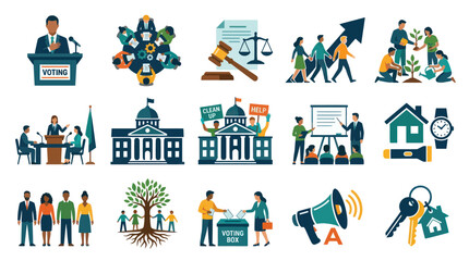 Naklejka premium Flat Vector Icons Set for Government, Politics, Civic Engagement, Democracy, and Community