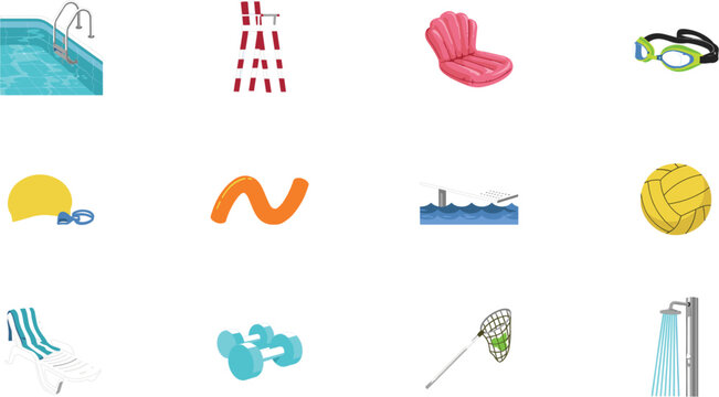 Swimming Pool and Water Recreation Icon Set with Lifeguard Chair Goggles Swim Cap Dumbbells Lounge Chair and Summer Aquatics Symbols for Web Designs