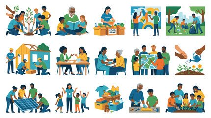 Fototapeta premium Flat Illustration: Diverse People Engaging in Community Service, Volunteering, Charity, and Social Responsibility Activities