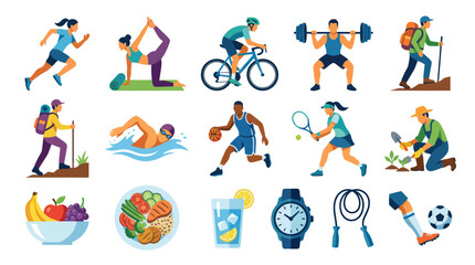 Fototapeta premium Healthy Lifestyle Flat Vector Illustration. Fitness, Wellness, Sports, Nutrition, and Well-being Activities