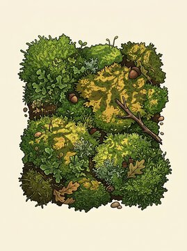 Lush green moss patch with lichen acorns and oak leaves