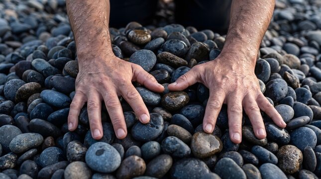 Close up of a man hands touching a pile of smooth dark pebbles on the beach.