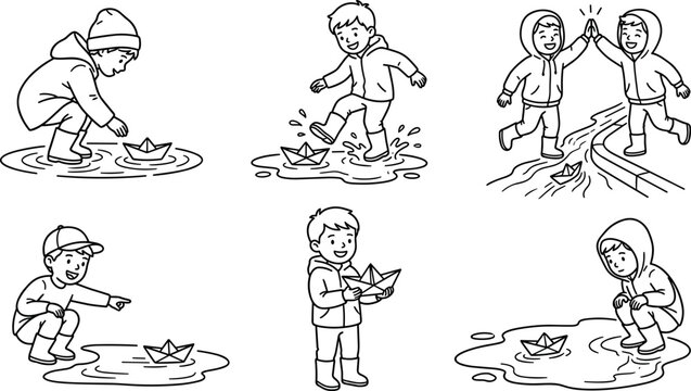 Little Boys Folding and Floating Paper Boats in Rain Puddles Line Art Icon Set for Kids Activity Coloring Pages and Graphic Vector Designs