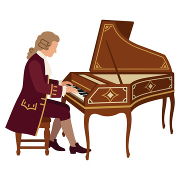 Classical Musician Playing A Vintage Harpsichord In Eighteenth Century Period Clothing