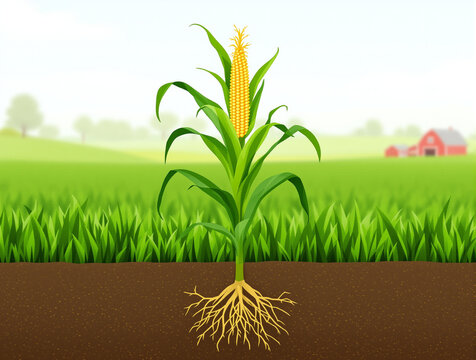 Corn plant diagram showing roots and stalk. Botanical anatomy of maize crop in field.