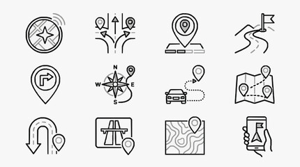 Fototapeta premium Sleek Minimalist Black and White Line Icons Set Featuring Navigation Direction and Location Based Symbols