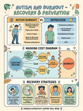 Infographic explaining autism burnout recovery and prevention strategies