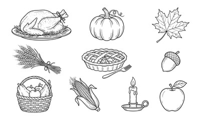 Thanksgiving Food and Autumn Items Illustration with Turkey, Pumpkin, Apple, Corn, and Pie Featuring Basket © Afjal12