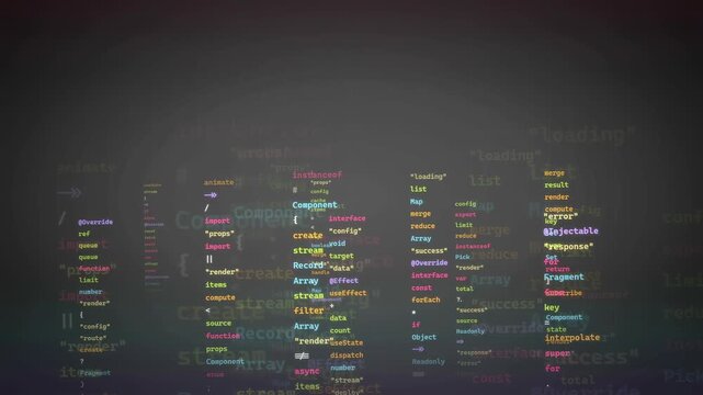 Abstract digital screen with scrolling colorful computer code and programming syntax on dark background