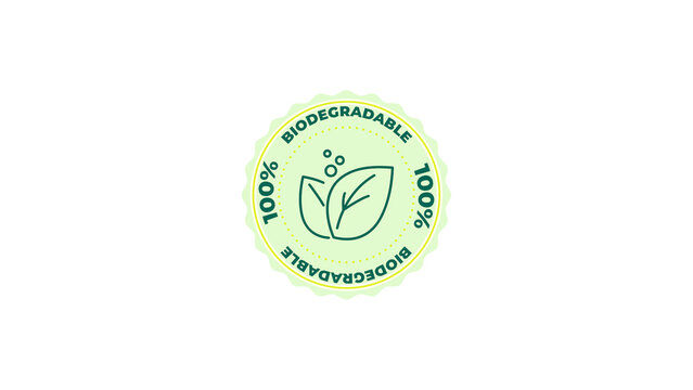 100% biodegradable certified badge vector label with green leaves for eco friendly product packaging