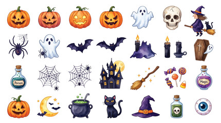 Obraz premium Halloween Watercolor Vector Icon Collection Isolated on White Background 