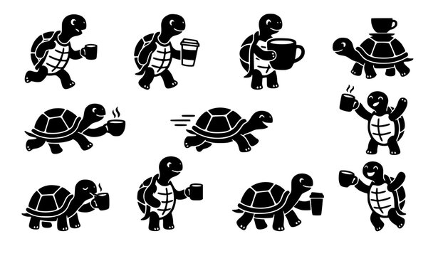 Cute Turtle Coffee Runner Silhouette Vector Icon Set