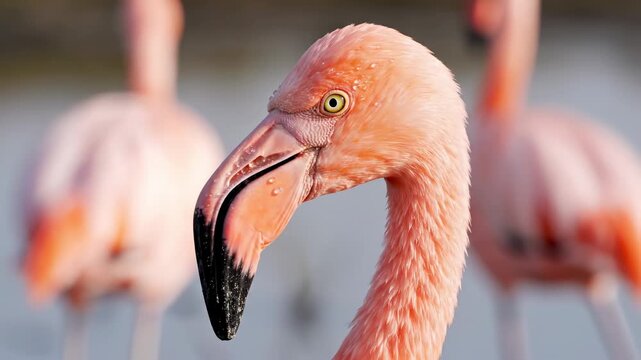A vibrant pink flamingo stands gracefully within a flock while its distinctive curved beak and intelligent eye are captured with sharp clarity as it observes the surrounding natural swamp