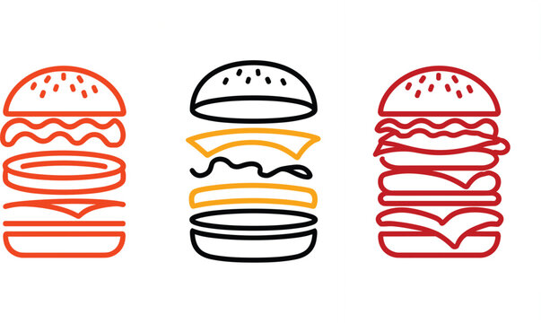Line art burger icons collection with stylized exploding layers in outline minimal design isolated on white background