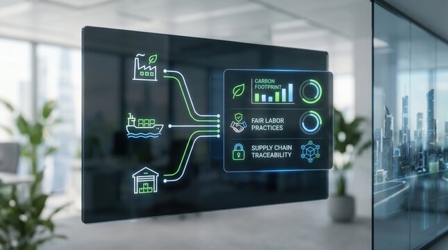 Futuristic holographic dashboard displaying green supply chain analytics, carbon footprint tracking, fair labor practices and logistics data in modern office environment