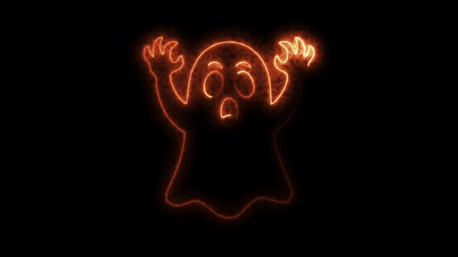 Neon glowing ghost animation with orange light effect on black background for halloween.