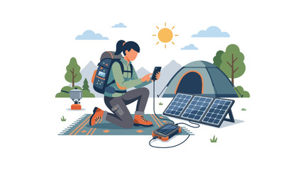 Fototapeta premium Female hiker charging smartphone with portable solar panel at mountain campsite flat vector illustration.