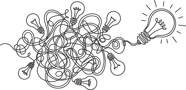 Minimalist continuous line art depicting complex tangled scribble electrical wires connected to glowing light bulbs, symbolizing creative thinking, problem solving, and innovative brainstorming.