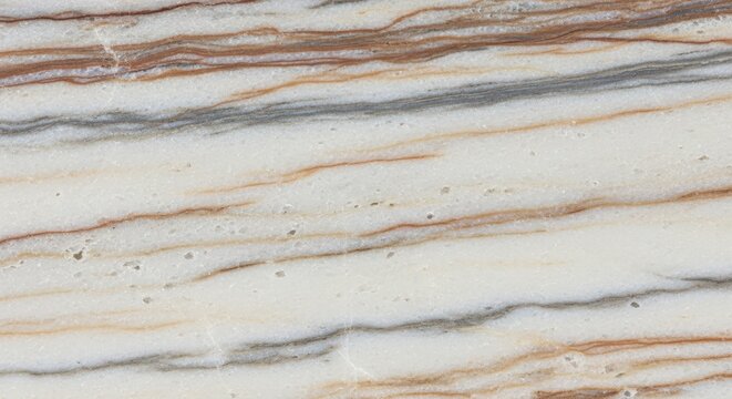 Natural marble stone texture with horizontal layers of white, beige, brown, and grey veins in a polished rock surface