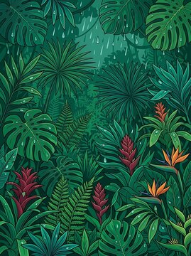 Rain falling on dense tropical jungle foliage and exotic flowers