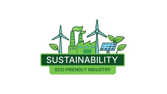 Sustainability Eco Friendly Industry Animation: Green Factory with Wind Turbines and Solar Panels