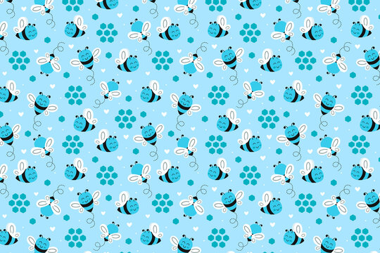Blue seamless pattern with cute cartoon bees and honeycomb shapes, honeycomb