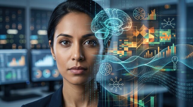 Portrait of professional woman with artificial intelligence brain and digital data flow overlay, cybersecurity and neural network technology concept background