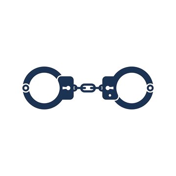 Minimalist flat vector icon of metal handcuffs representing law enforcement and criminal justice.