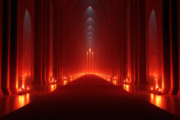 Fototapeta premium Cathedral interior red light gothic hall long aisle vaulted arch candle light sacred space church nave symmetrical perspective glowing altar