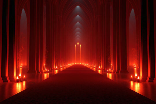 Cathedral interior red light gothic hall long aisle vaulted arch candle light sacred space church nave symmetrical perspective glowing altar